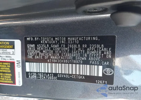 2011 Toyota Camry Xle V6 z USA, uszkodzony, nr VIN 4T1BK3EK8BU118979